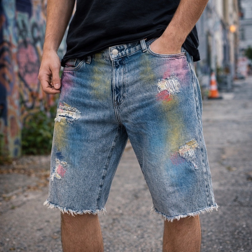 Akademiks Jeanious Paint Splatter‎ Denim Shorts Distressed Mens Streetwear 38